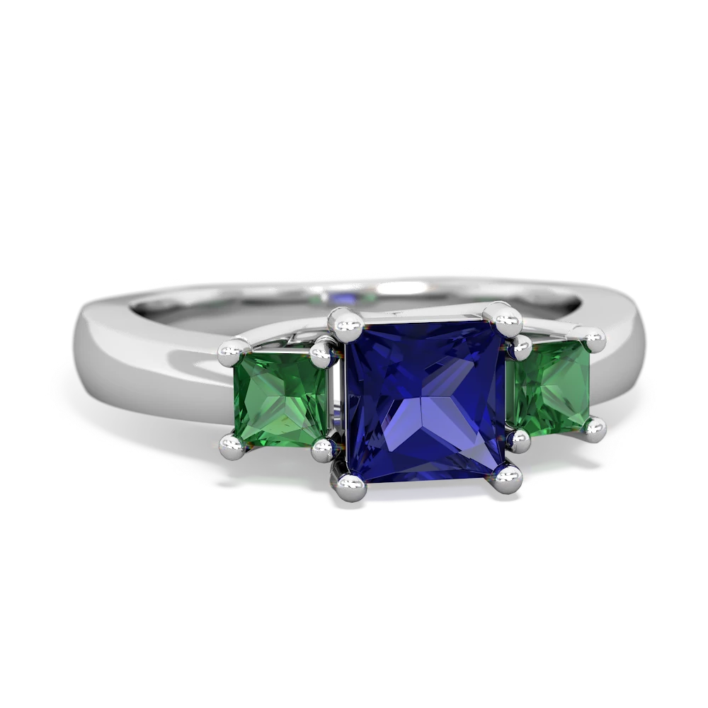 Lab Sapphire Three Stone Trellis 14K White Gold ring R4015