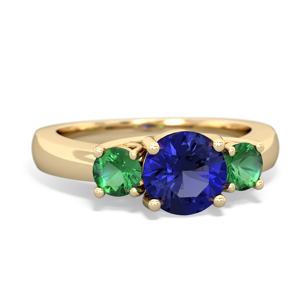 Lab Sapphire Three Stone Round Trellis 14K Yellow Gold ring R4018