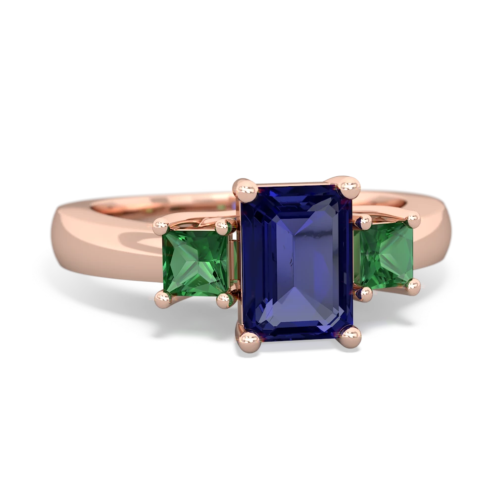 Lab Sapphire Three Stone Emerald-Cut Trellis 14K Rose Gold ring R4021