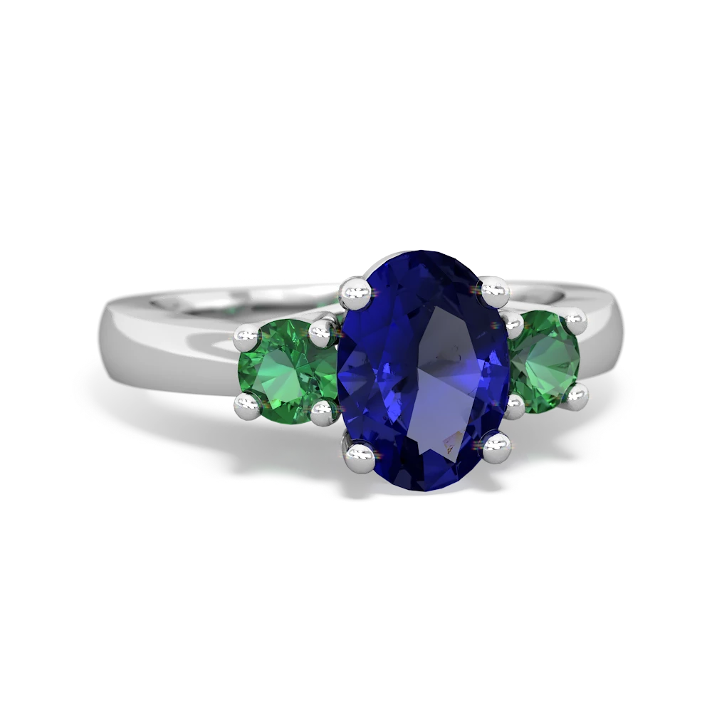 Lab Sapphire Three Stone Oval Trellis 14K White Gold ring R4024