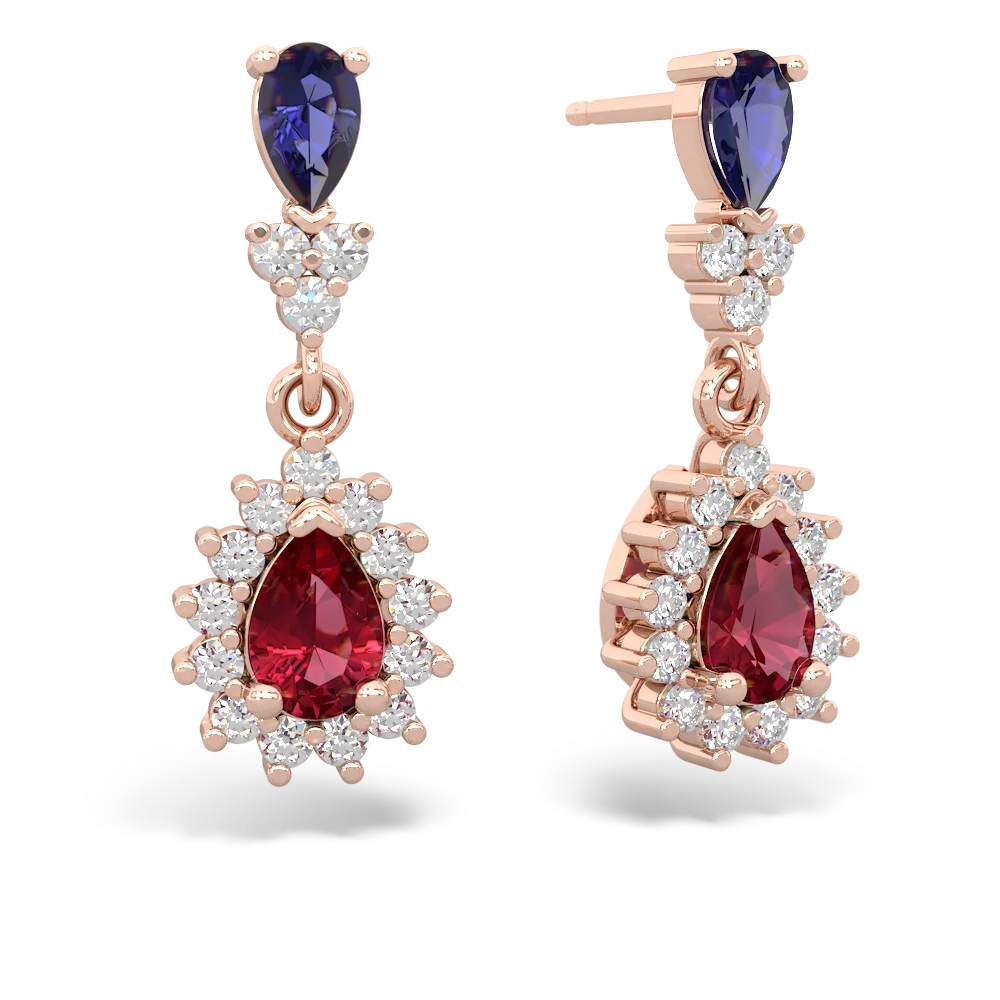 Lab Sapphire Halo Pear Dangle 14K Rose Gold earrings E1882