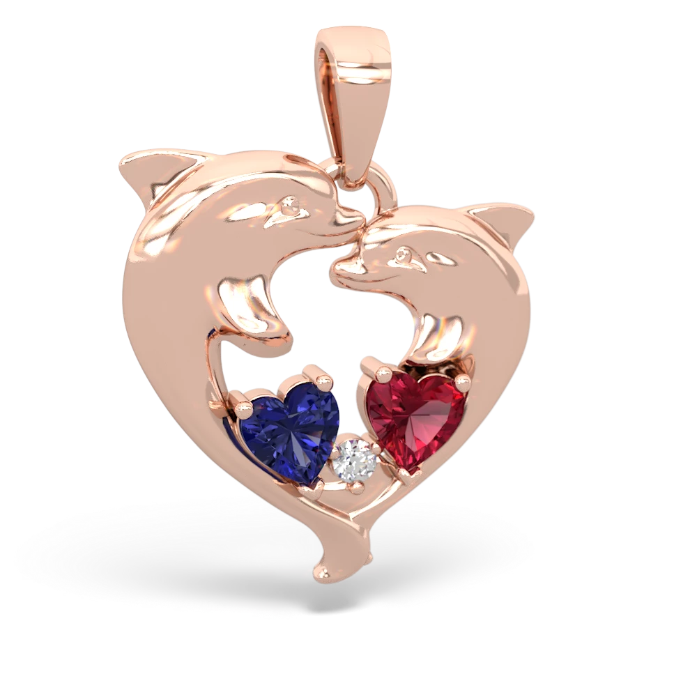 Lab Sapphire Dolphin Heart 14K Rose Gold pendant P5820