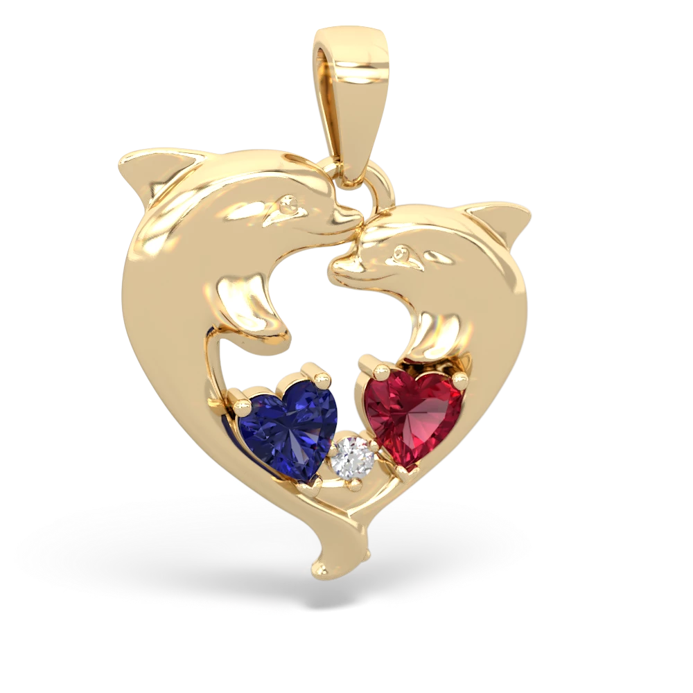 Lab Sapphire Dolphin Heart 14K Yellow Gold pendant P5820