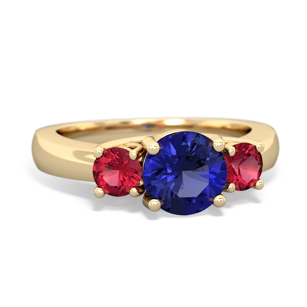 Lab Sapphire Three Stone Round Trellis 14K Yellow Gold ring R4018