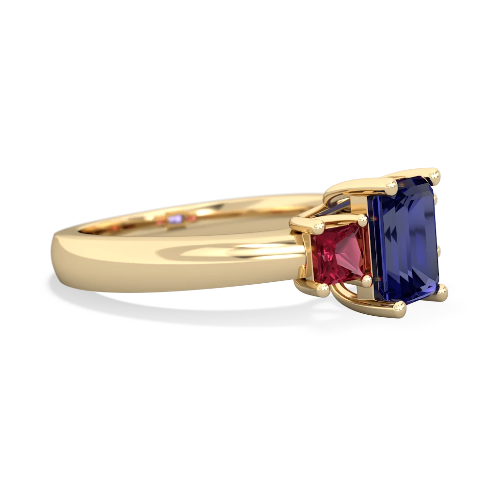 Lab Sapphire Three Stone Emerald-Cut Trellis 14K Yellow Gold ring R4021