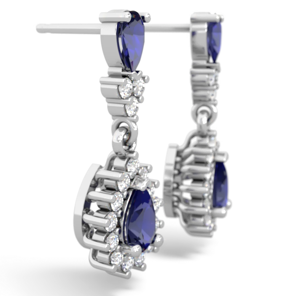 Lab Sapphire Halo Pear Dangle 14K White Gold earrings E1882