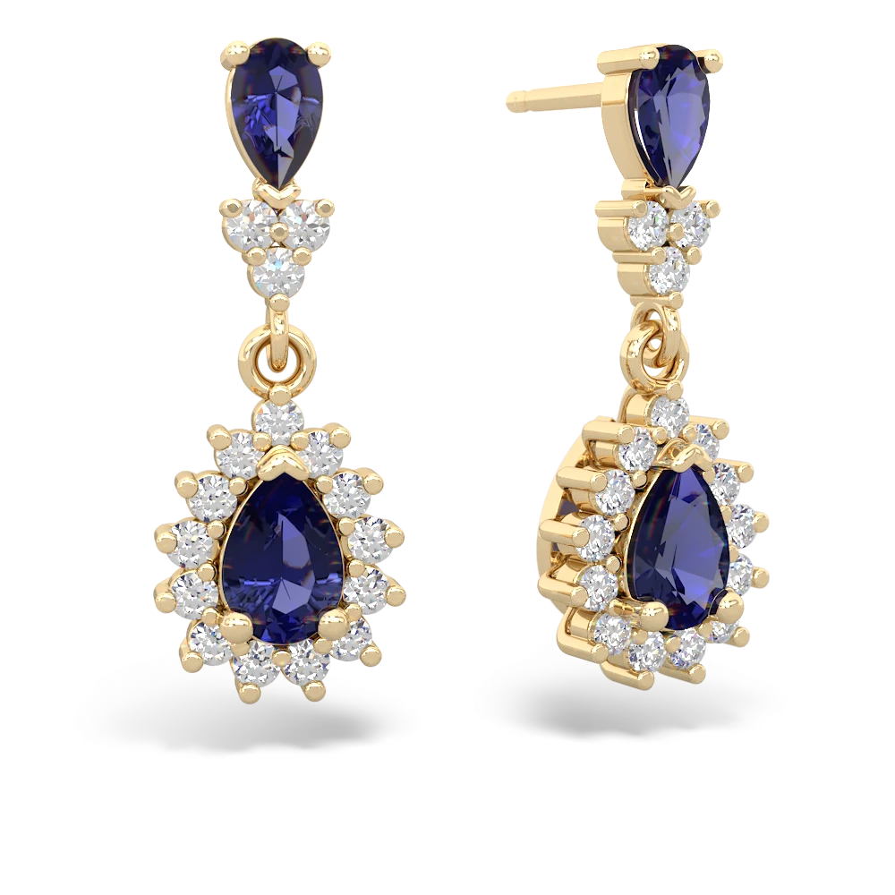 Lab Sapphire Halo Pear Dangle 14K Yellow Gold earrings E1882