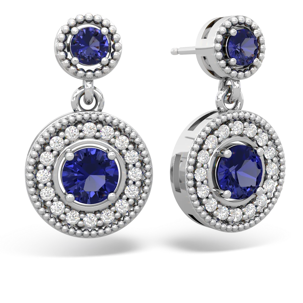 Lab Sapphire Halo Dangle 14K White Gold earrings E5319