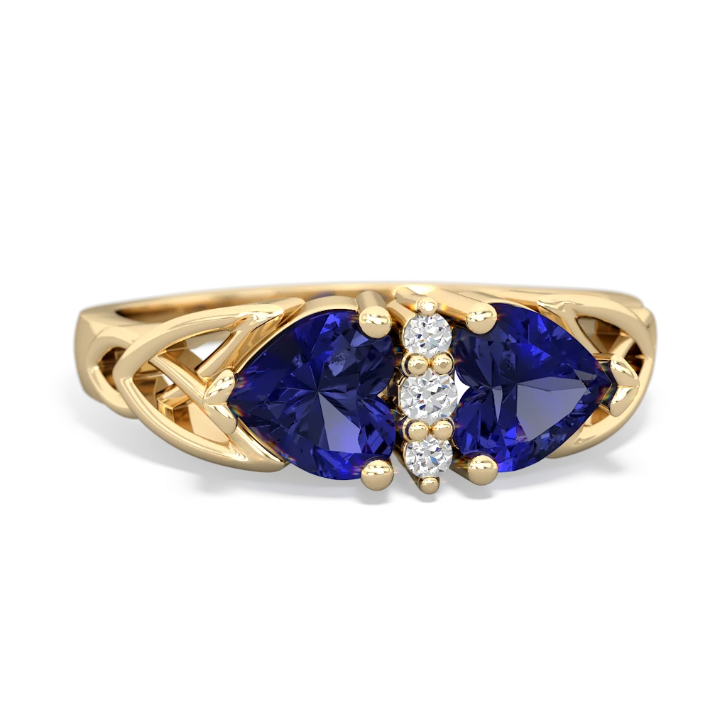 Lab Sapphire Celtic Knot Double Heart 14K Yellow Gold ring R5040