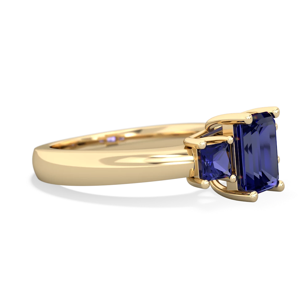 Lab Pink Sapphire Three Stone Emerald-Cut Trellis 14K Yellow Gold ring R4021