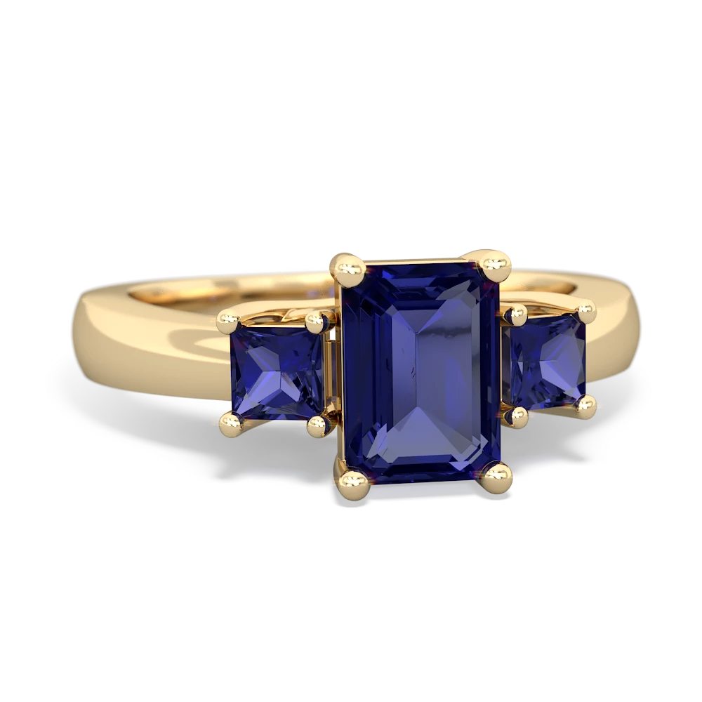 Lab Sapphire Three Stone Emerald-Cut Trellis 14K Yellow Gold ring R4021