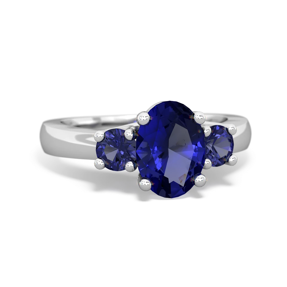 Lab Sapphire Three Stone Oval Trellis 14K White Gold ring R4024