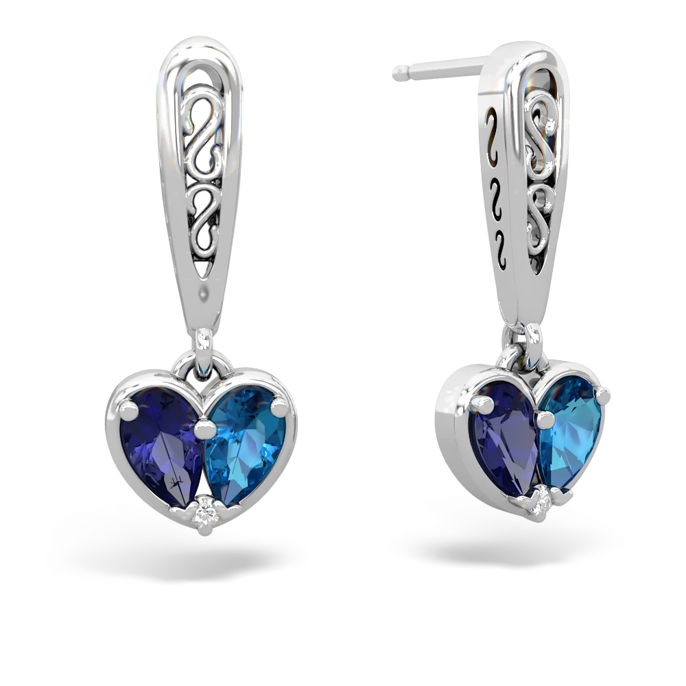 Lab Sapphire Filligree Heart 14K White Gold earrings E5070