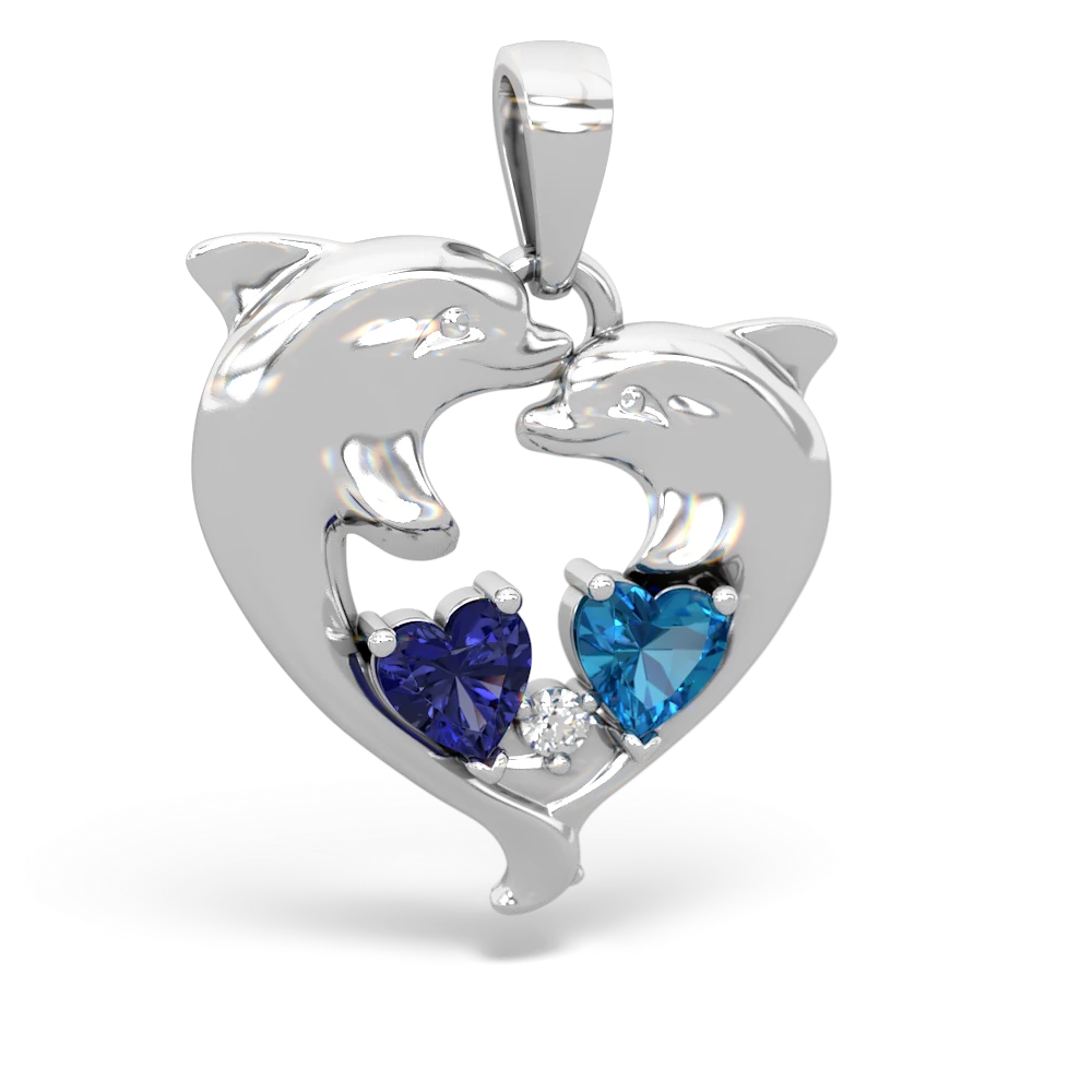 Lab Sapphire Dolphin Heart 14K White Gold pendant P5820