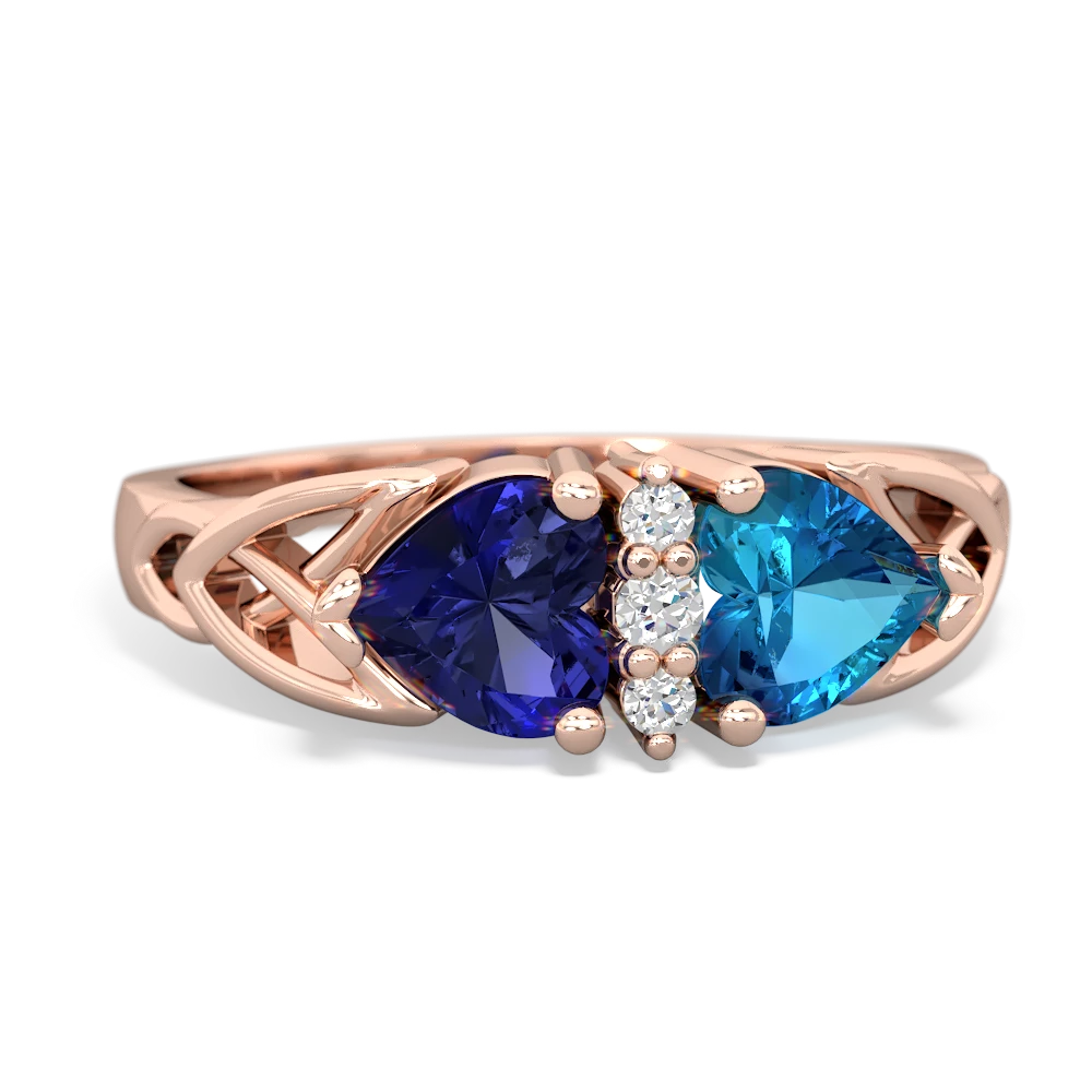 Lab Sapphire Celtic Knot Double Heart 14K Rose Gold ring R5040