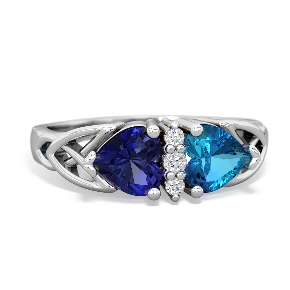 Lab Sapphire Celtic Knot Double Heart 14K White Gold ring R5040