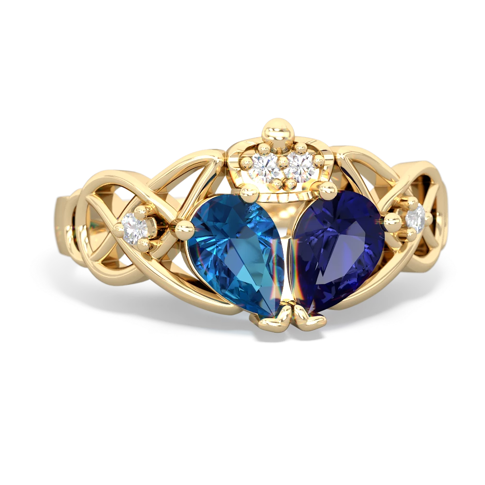 Lab Sapphire 'One Heart' Celtic Knot Claddagh 14K Yellow Gold ring R5322