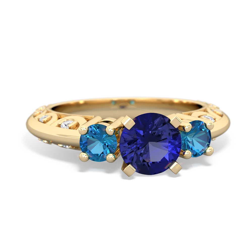 Lab Sapphire Art Deco Eternal Embrace Engagement 14K Yellow Gold ring C2003