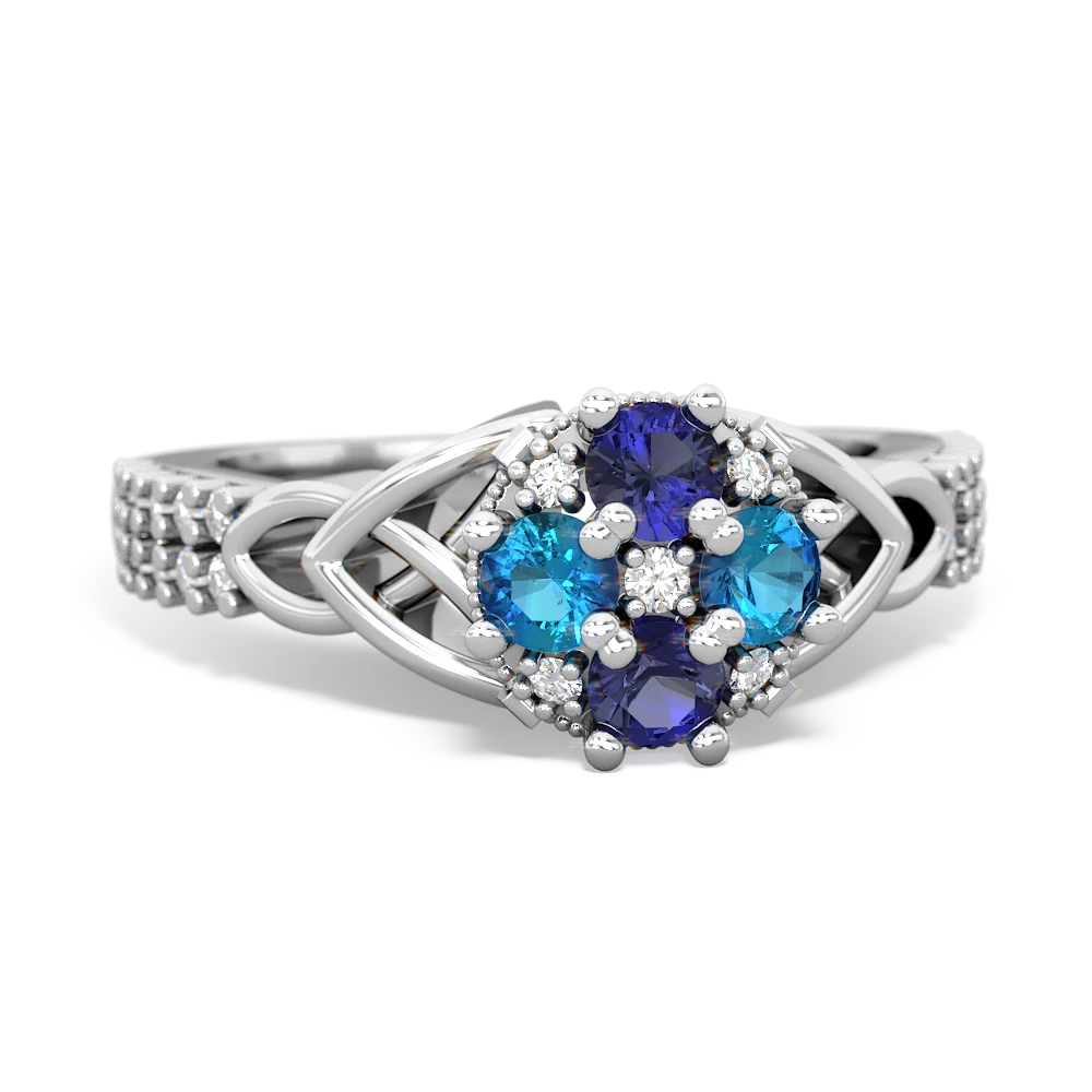 Lab Sapphire Celtic Knot Cluster Engagement 14K White Gold ring R26443RD