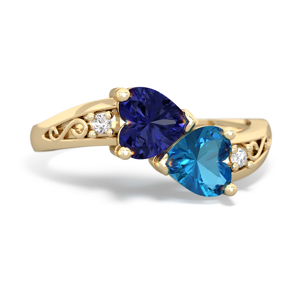 Lab Sapphire Snuggling Hearts 14K Yellow Gold ring R2178