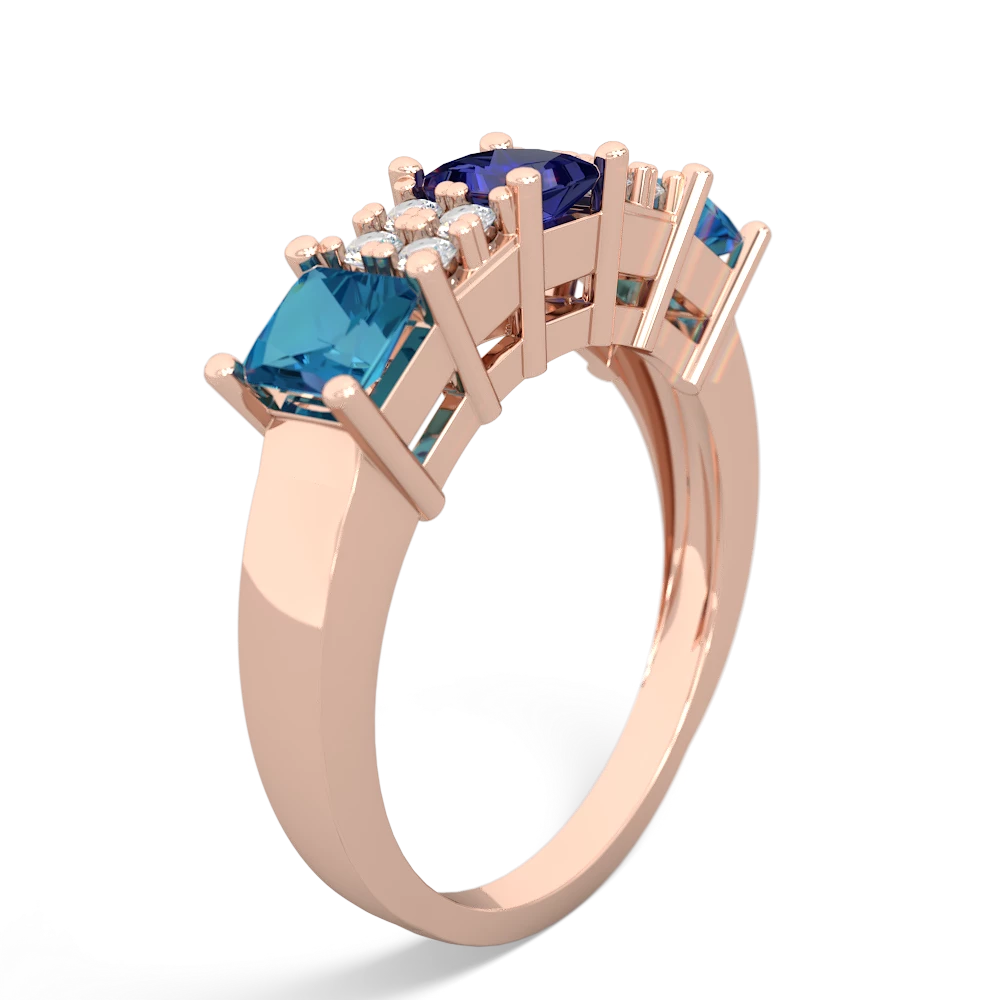 Lab Sapphire Three Stone Diamond Cluster 14K Rose Gold ring R2592