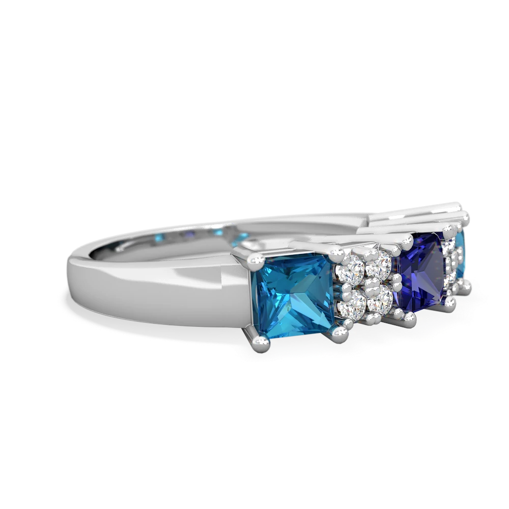 Lab Sapphire Three Stone Diamond Cluster 14K White Gold ring R2592