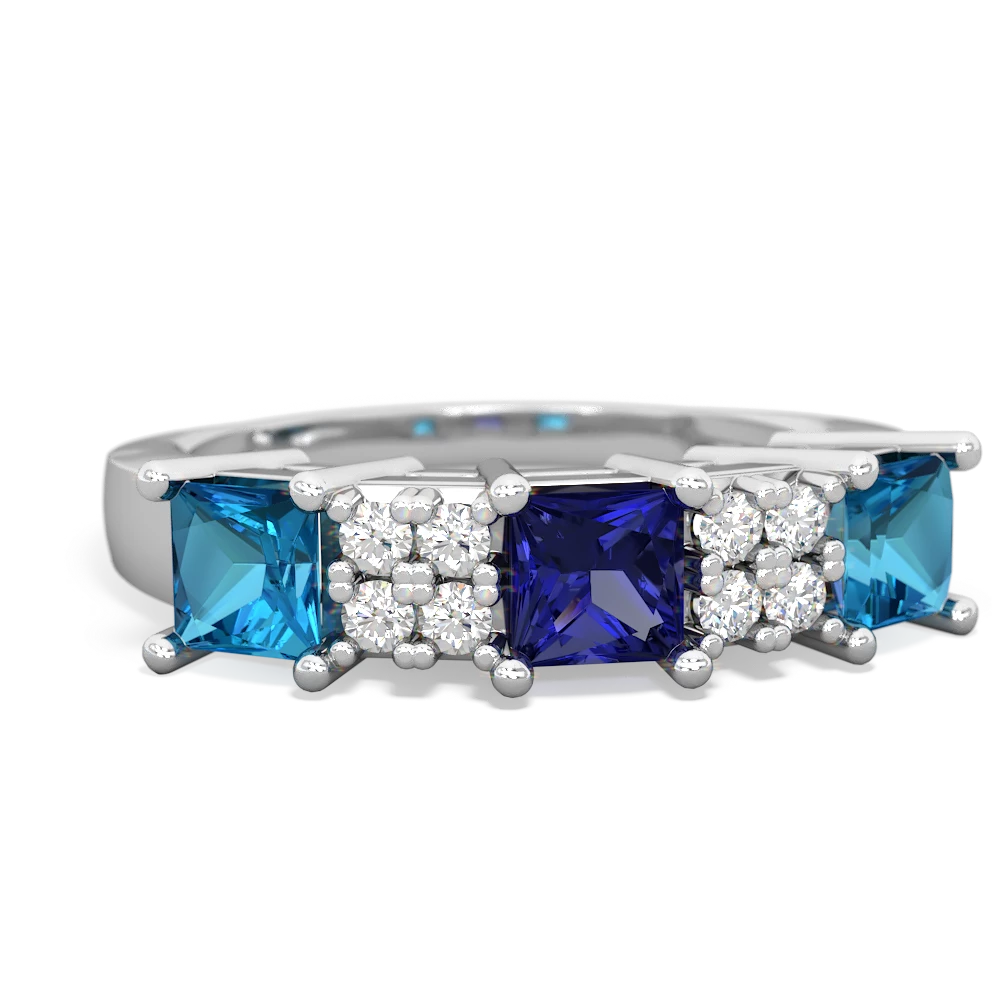 Lab Sapphire Three Stone Diamond Cluster 14K White Gold ring R2592