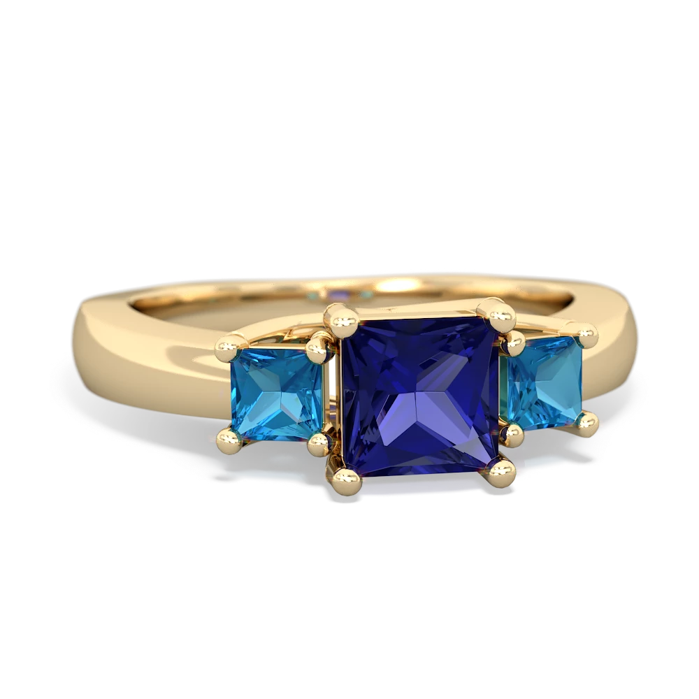 Lab Sapphire Three Stone Trellis 14K Yellow Gold ring R4015