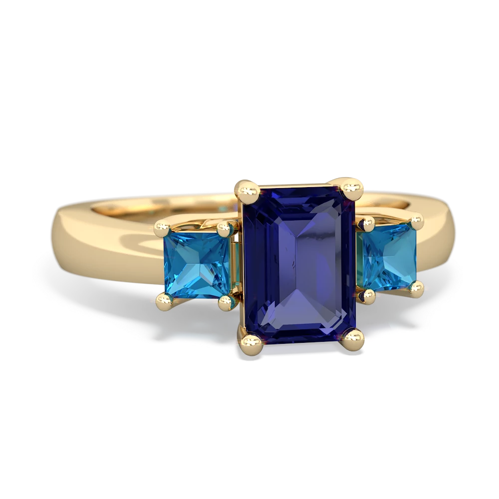 Lab Sapphire Three Stone Emerald-Cut Trellis 14K Yellow Gold ring R4021