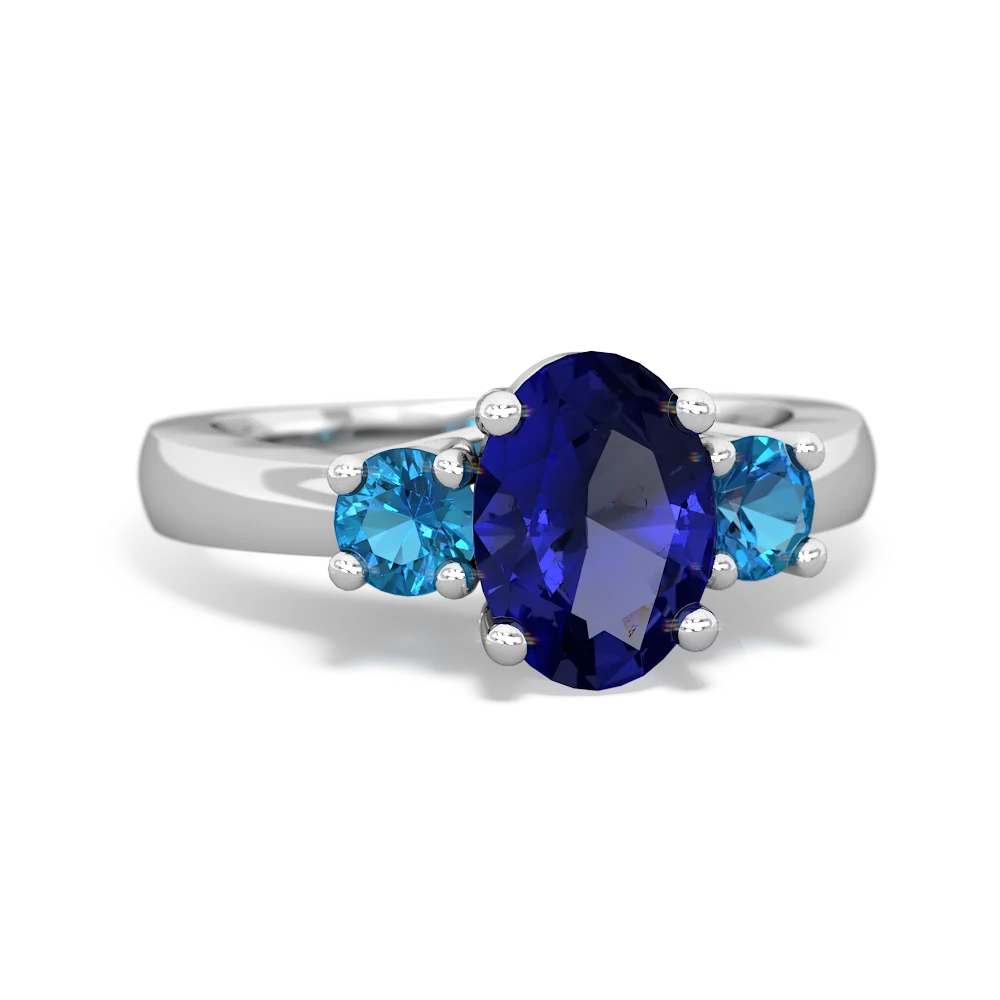 Lab Sapphire Three Stone Oval Trellis 14K White Gold ring R4024