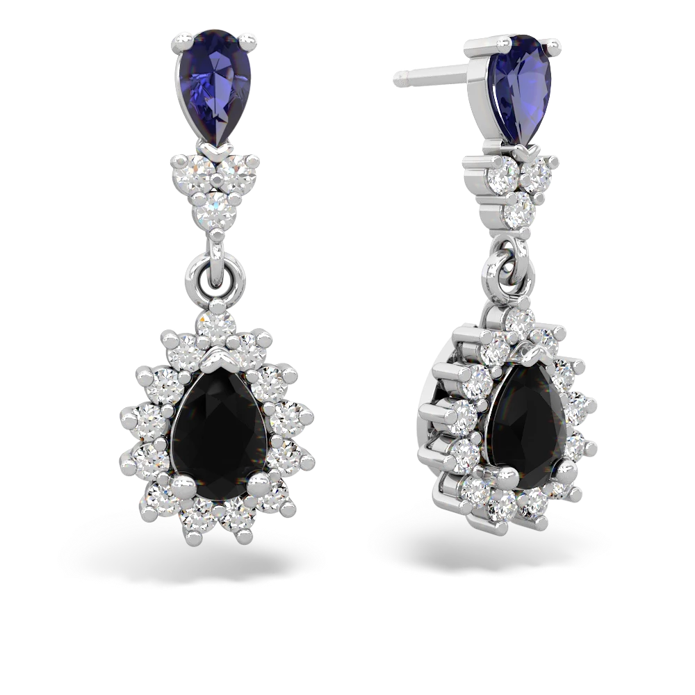 Lab Sapphire Halo Pear Dangle 14K White Gold earrings E1882