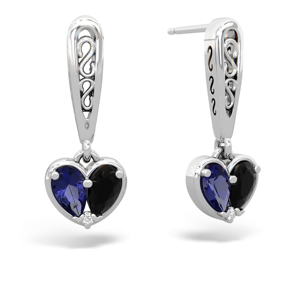 Lab Sapphire Filligree Heart 14K White Gold earrings E5070