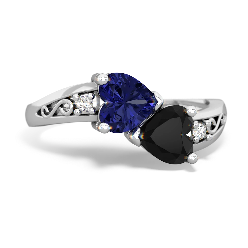 Lab Sapphire Snuggling Hearts 14K White Gold ring R2178