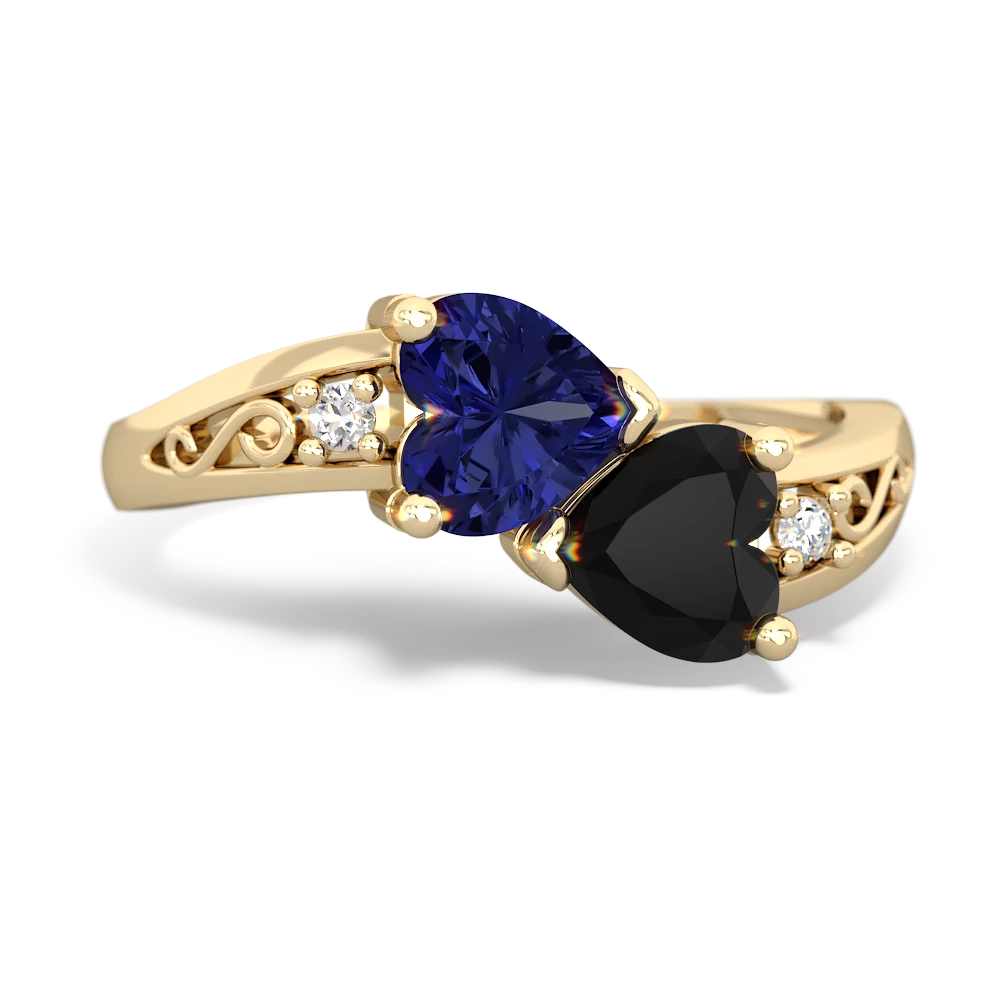 Lab Sapphire Snuggling Hearts 14K Yellow Gold ring R2178