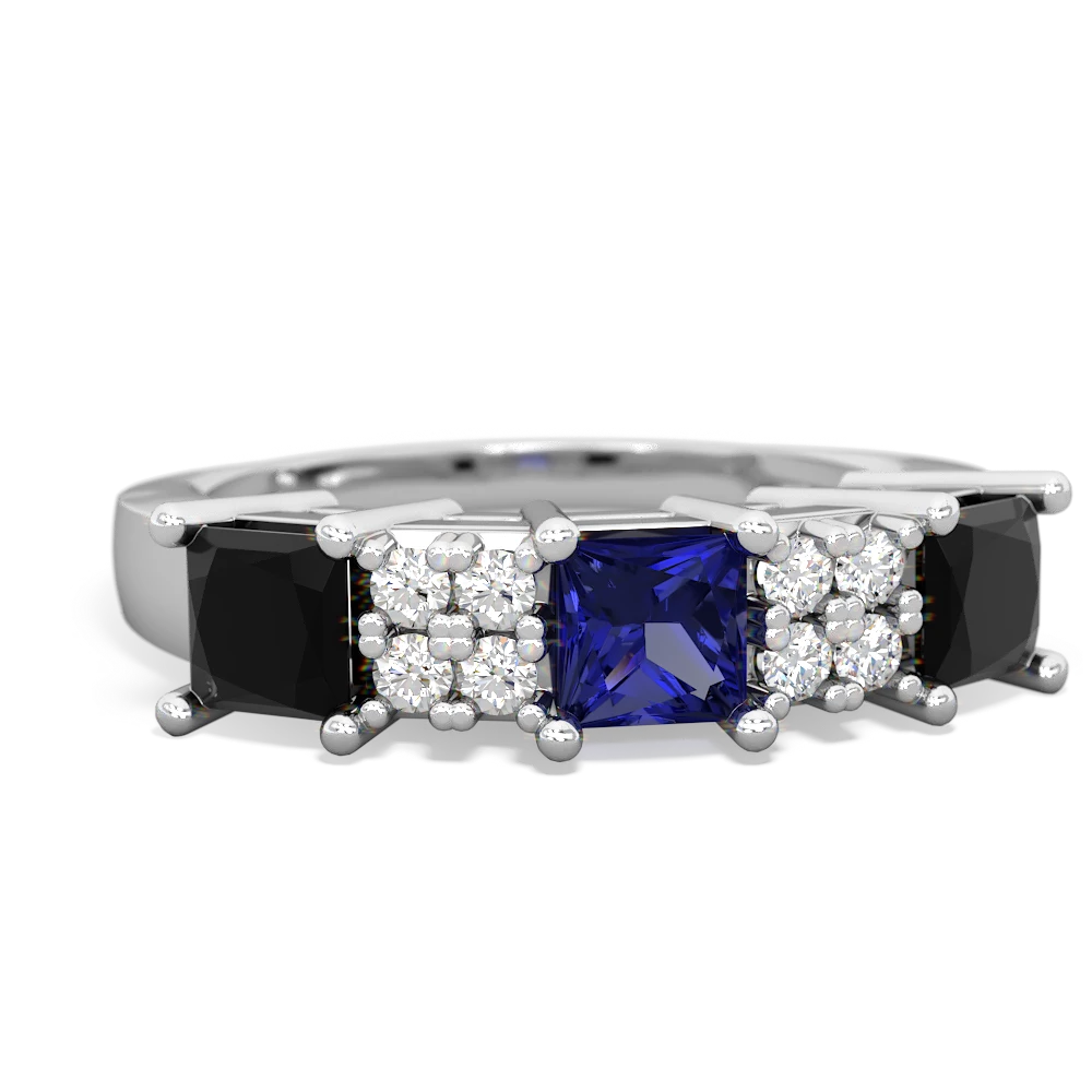 Lab Sapphire Three Stone Diamond Cluster 14K White Gold ring R2592