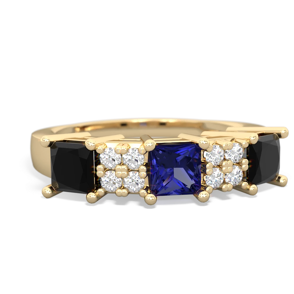 Lab Sapphire Three Stone Diamond Cluster 14K Yellow Gold ring R2592