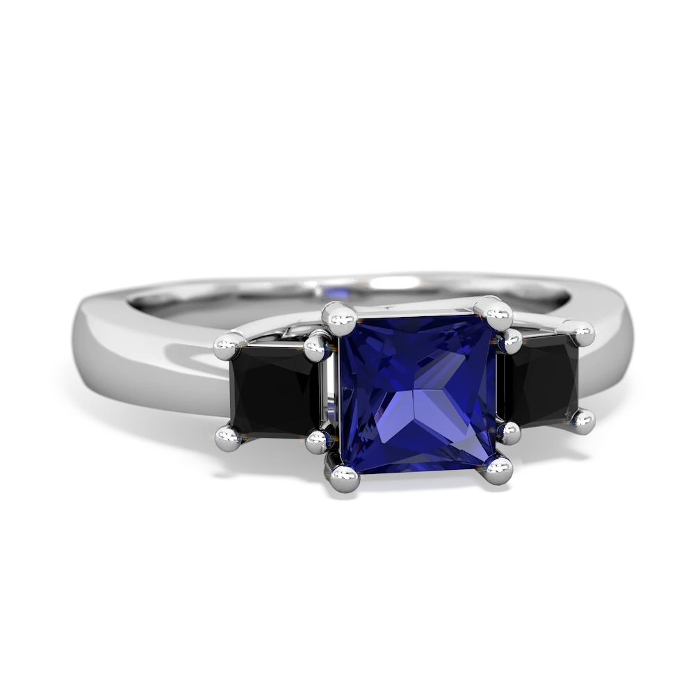 Lab Sapphire Three Stone Trellis 14K White Gold ring R4015