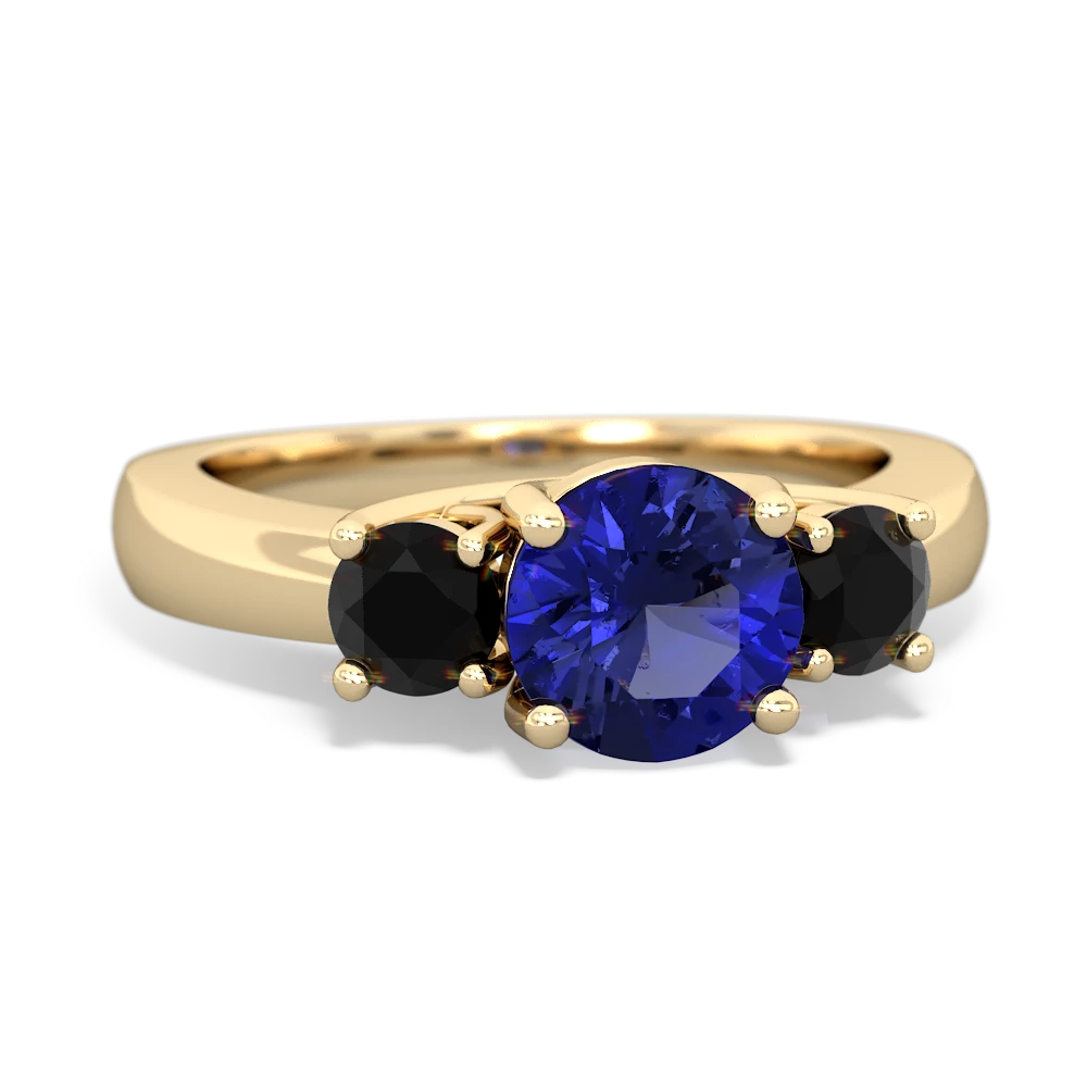 Lab Sapphire Three Stone Round Trellis 14K Yellow Gold ring R4018