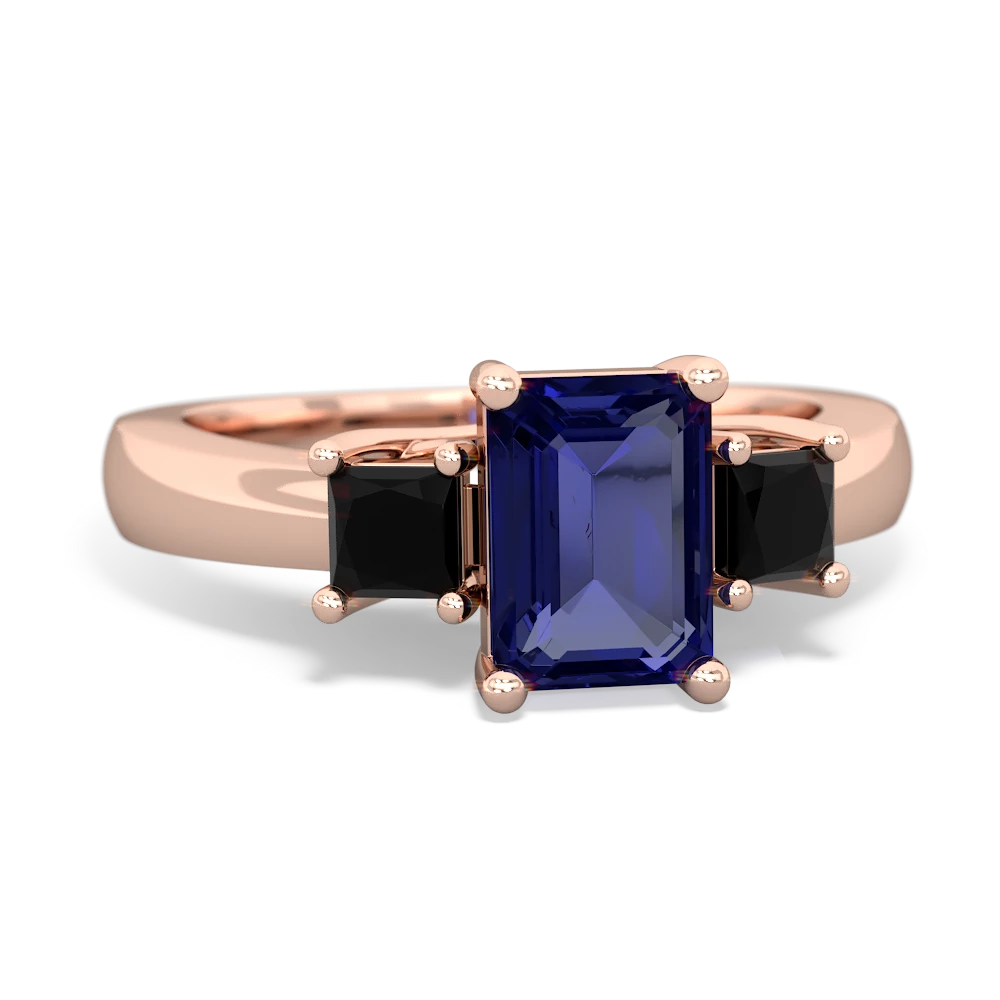 Lab Sapphire Three Stone Emerald-Cut Trellis 14K Rose Gold ring R4021