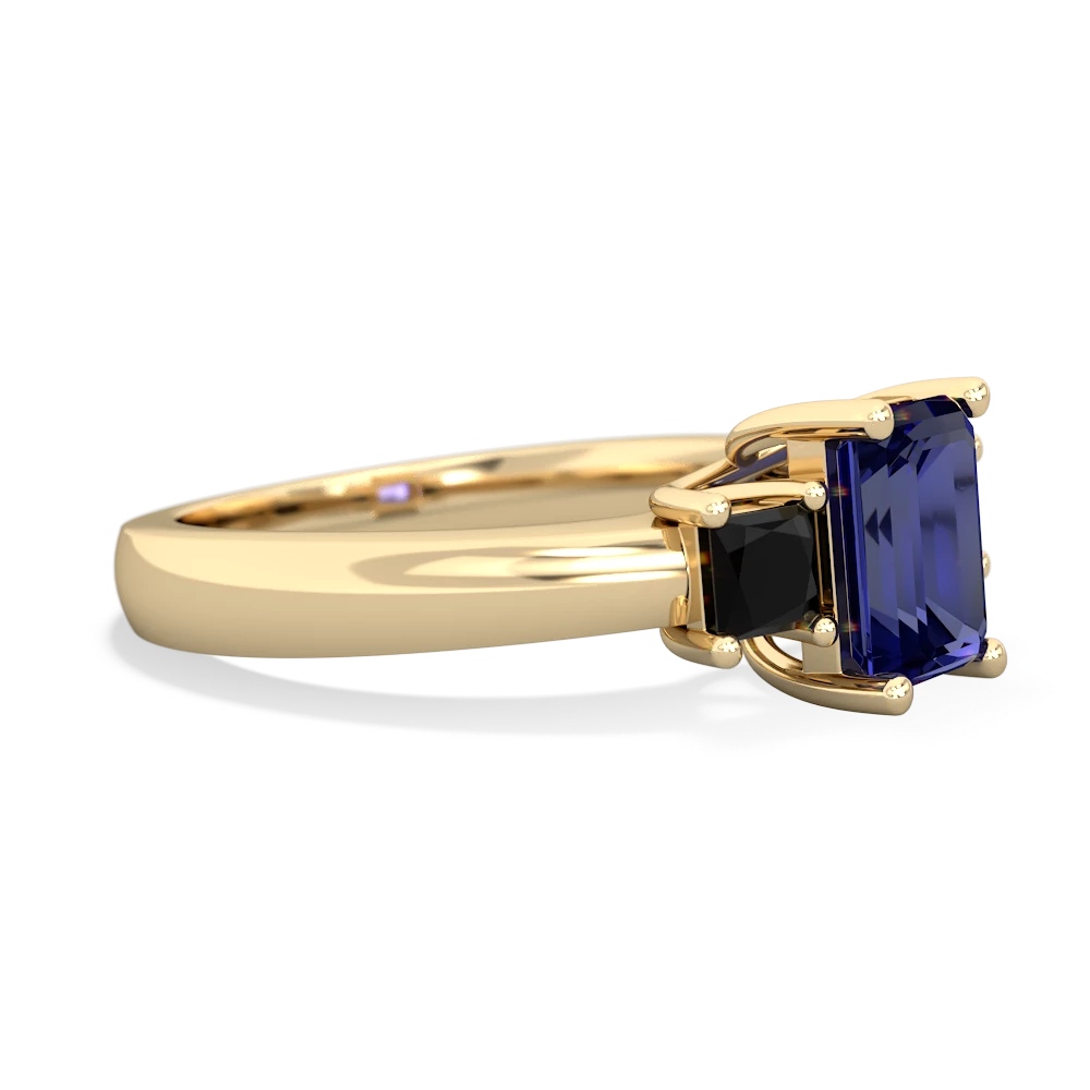 Lab Sapphire Three Stone Emerald-Cut Trellis 14K Yellow Gold ring R4021