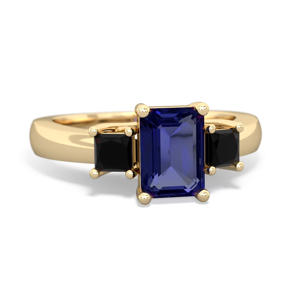 Lab Sapphire Three Stone Emerald-Cut Trellis 14K Yellow Gold ring R4021