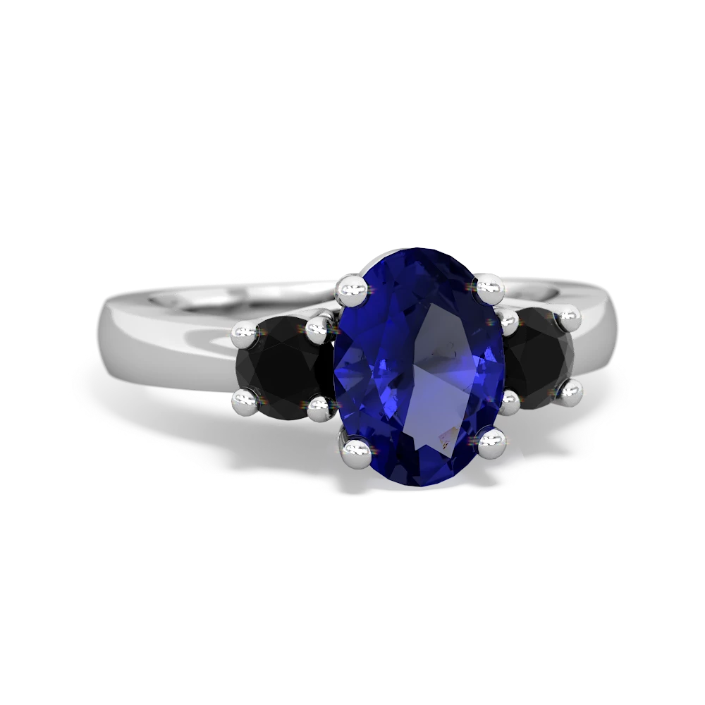 Lab Sapphire Three Stone Oval Trellis 14K White Gold ring R4024