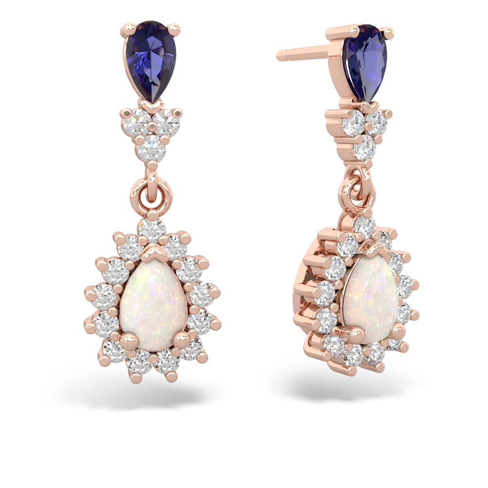 Lab Sapphire Halo Pear Dangle 14K Rose Gold earrings E1882