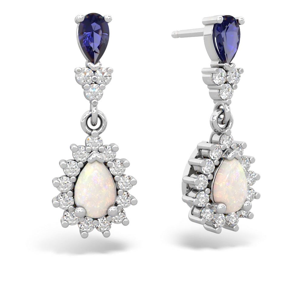 Lab Sapphire Halo Pear Dangle 14K White Gold earrings E1882