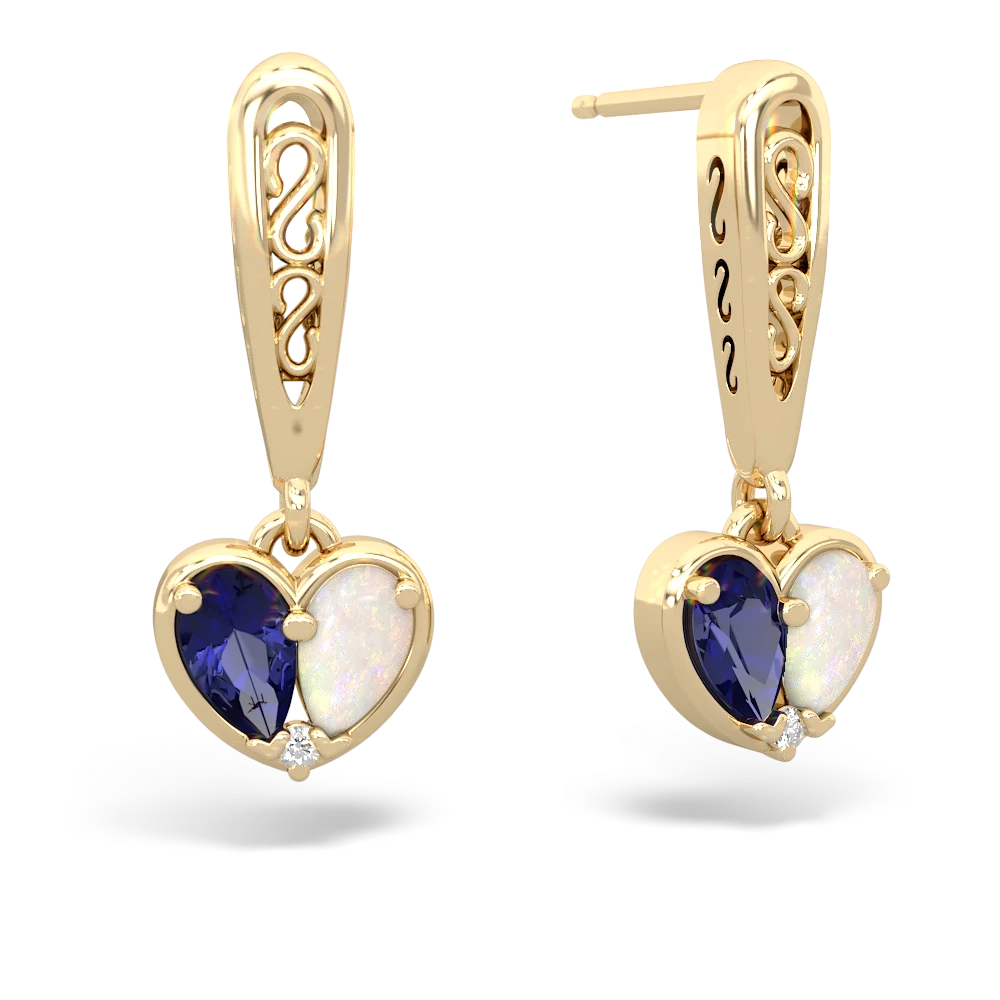 Lab Sapphire Filligree Heart 14K Yellow Gold earrings E5070