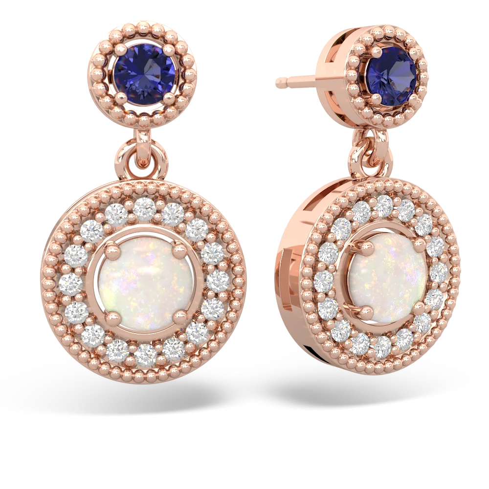 Lab Sapphire Halo Dangle 14K Rose Gold earrings E5319