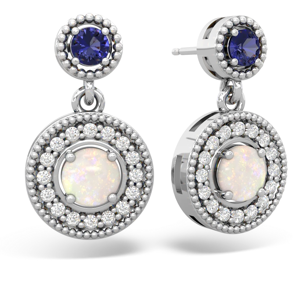 Lab Sapphire Halo Dangle 14K White Gold earrings E5319