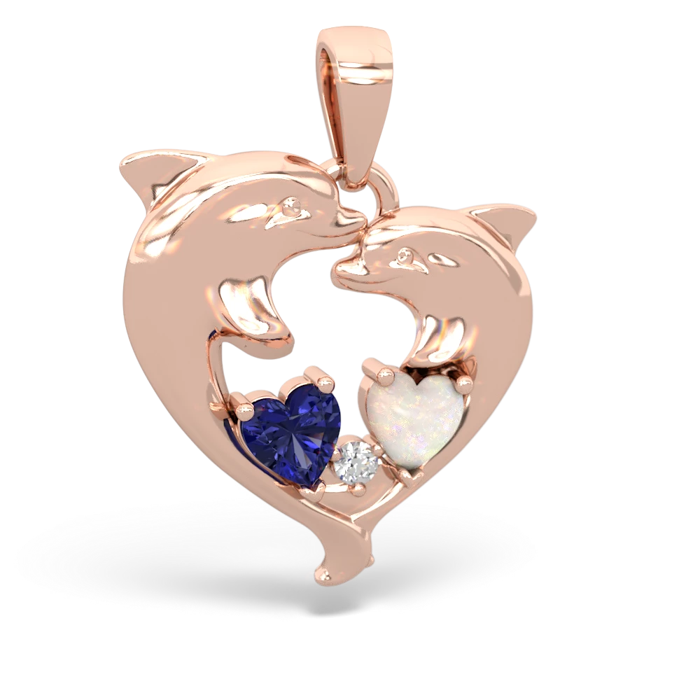 Lab Sapphire Dolphin Heart 14K Rose Gold pendant P5820