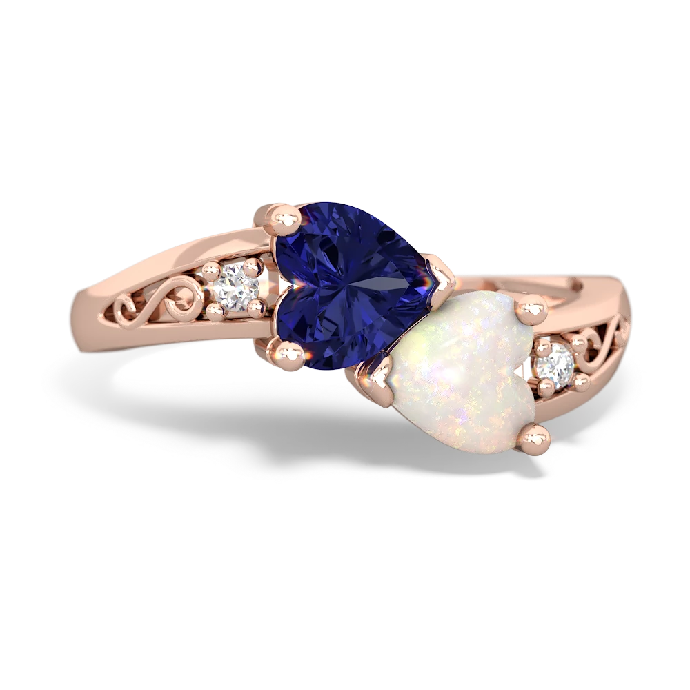 Lab Sapphire Snuggling Hearts 14K Rose Gold ring R2178