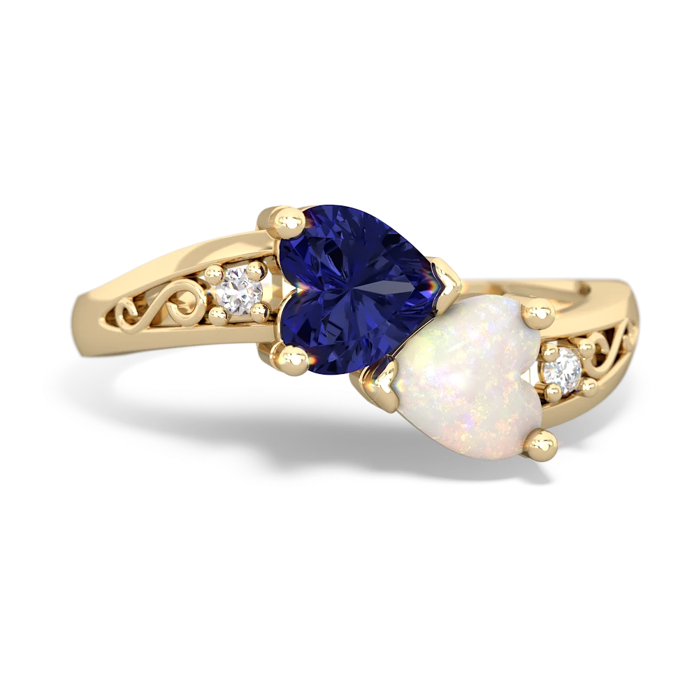 Lab Sapphire Snuggling Hearts 14K Yellow Gold ring R2178